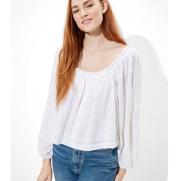 American Eagle Outfitters Tops - AEO Puff Sleeve Eyelet Crop Top
